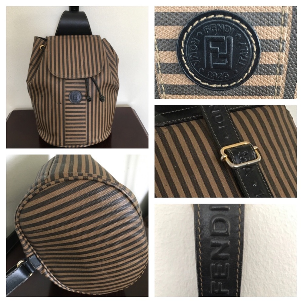 FENDI Black Striped Coated Canvas Sling Backpack